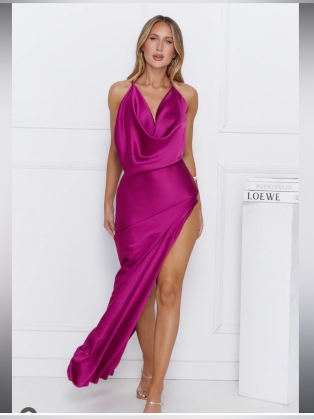 Hello Molly Satin Cowl Neck Halter Dress in Fuchsia NWT Sz Small